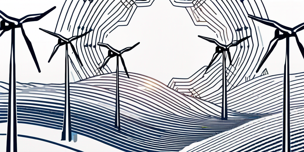 Bild zeigt ein abstraktes Netz aus Linien und Knotenpunkten, das den dynamischen Energiemarkt und den Uebergang zu erneuerbaren Energiequellen symbolisiert, mit integrierten Symbolen wie Windraedern und Solarpaneelen.