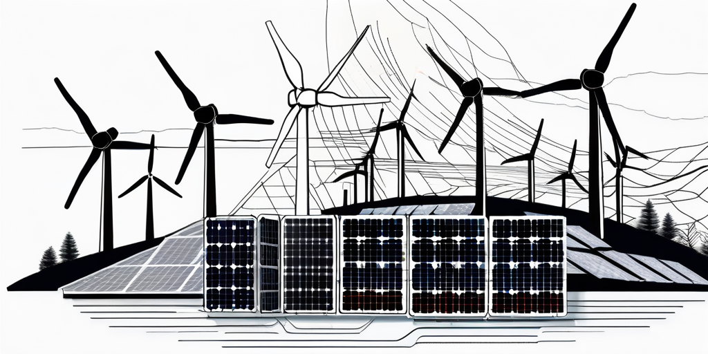 Dynamisches Collage-Bild mit Windkraftanlagen, Solarpanelen und Wasserkraftwerken zur Darstellung von Energiewahlmoeglichkeiten zur Optimierung von Kosten und Nachhaltigkeit.