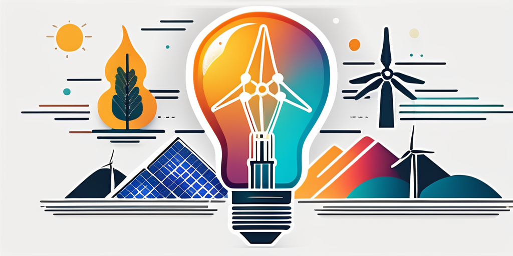 Bunte, symbolische Icons verschiedener Energiequellen wie Solarmodule, Windturbinen und Wasserkraftwerke um eine leuchtende Gluehbirne angeordnet.