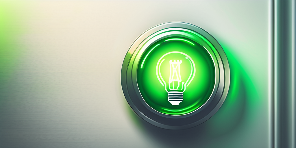 Nahaufnahme eines beleuchteten gruenen Power-Knopfes, symbolisiert Energieeffizienz und Kosteneffektivitaet, mit unscharfen oekofreundlichen Gluehbirnen im Hintergrund.
