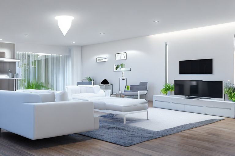 modernes Wohnzimmer mit Elektronik und stromsparender Gluehbirne im Vordergrund