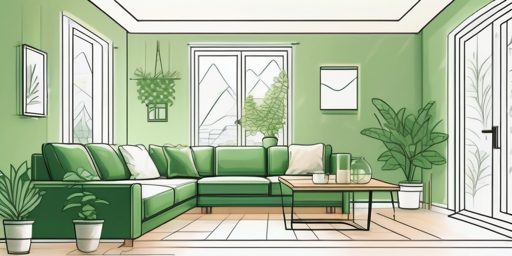 Haus mit energiesparenden Geraeten und LED-Beleuchtung, natuerliches Licht und gruene Pflanzen zur Foerderung nachhaltigen Wohnens.