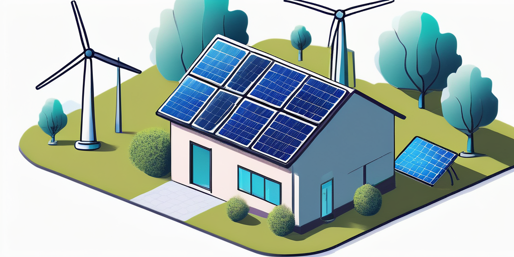 Energieeffiziente Haushaltsgeraete und erneuerbare Energiequellen wie Solarmodule und Windturbinen, dargestellt mit digitaler Energieverwaltung im Hintergrund.