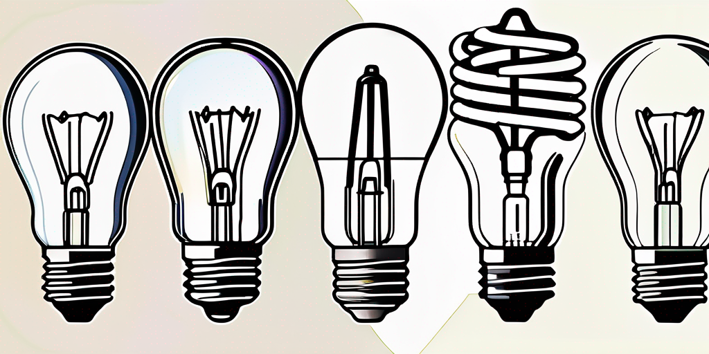 Vergleich verschiedener energieeffizienter Gluehbirnen, unterschiedliche Formen und Lichtleistung, Hintergrund zeigt unscharfe Stromrechnung mit Einsparpotenzial.