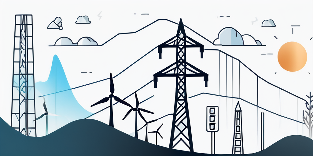 Grafik mit Auf- und Abwaertstrends und Symbolen fuer Energiequellen wie Wind, Solar und fossile Brennstoffe.