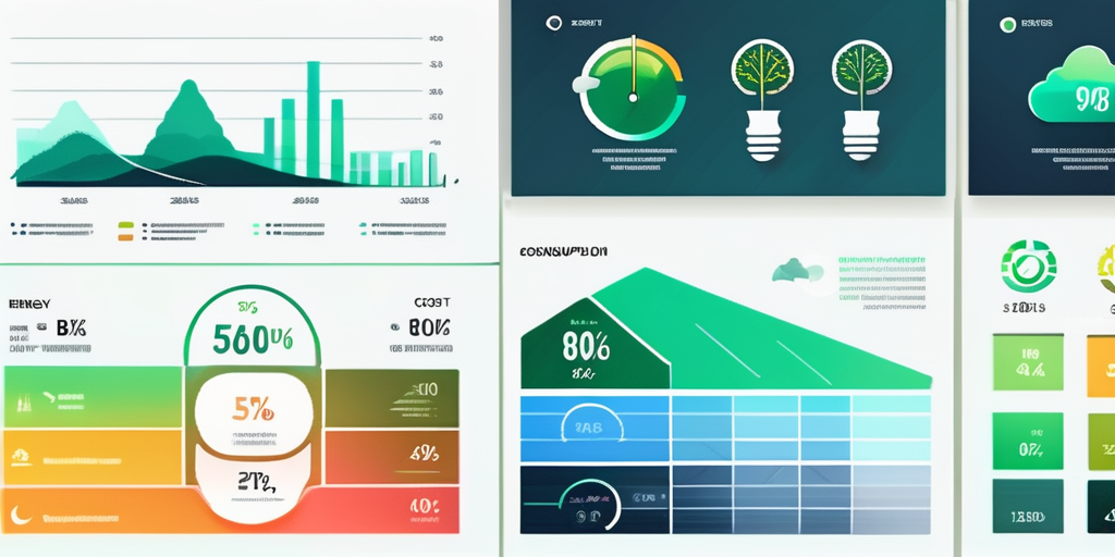 Energiespar-Diagramme mit bunten Grafiken zu Energieverbrauch und Kosteneffizienz auf modernem Hintergrund mit oekofreundlichen Symbolen und Prozentangaben