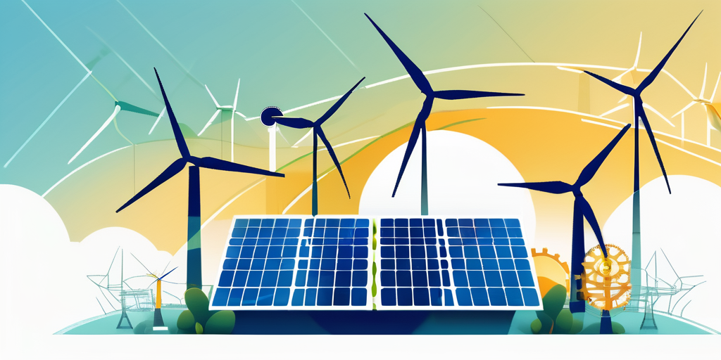 Verkettete Zahnräder mit Windturbinen und Solarpaneelen fuer effiziente und kostenguenstige Stromloesungen, hervorhebung von Innovation in der nachhaltigen Energie.