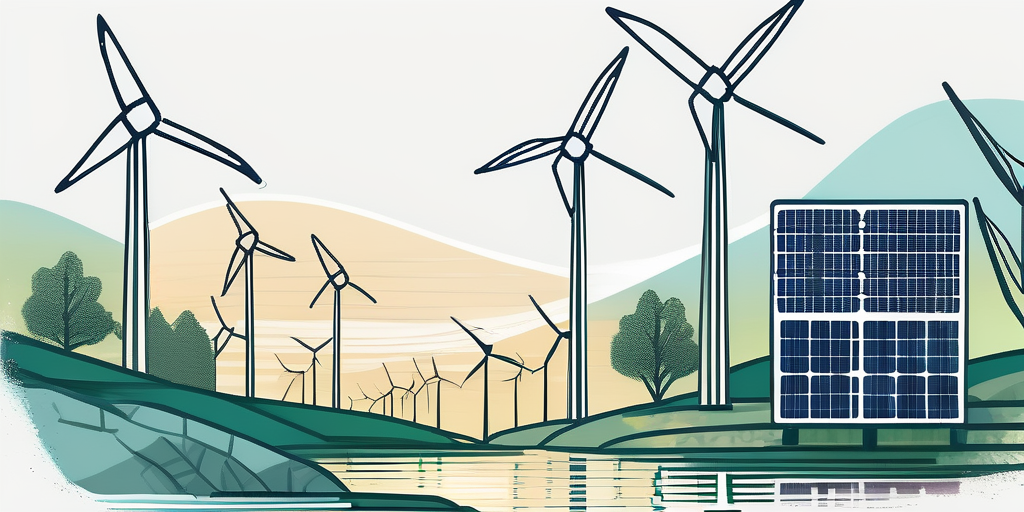 Nachhaltige Energiequellen wie Windraeder, Solarpanelen und Wasserkraftwerke als Optionen fuer oekofreundlichen Strom.