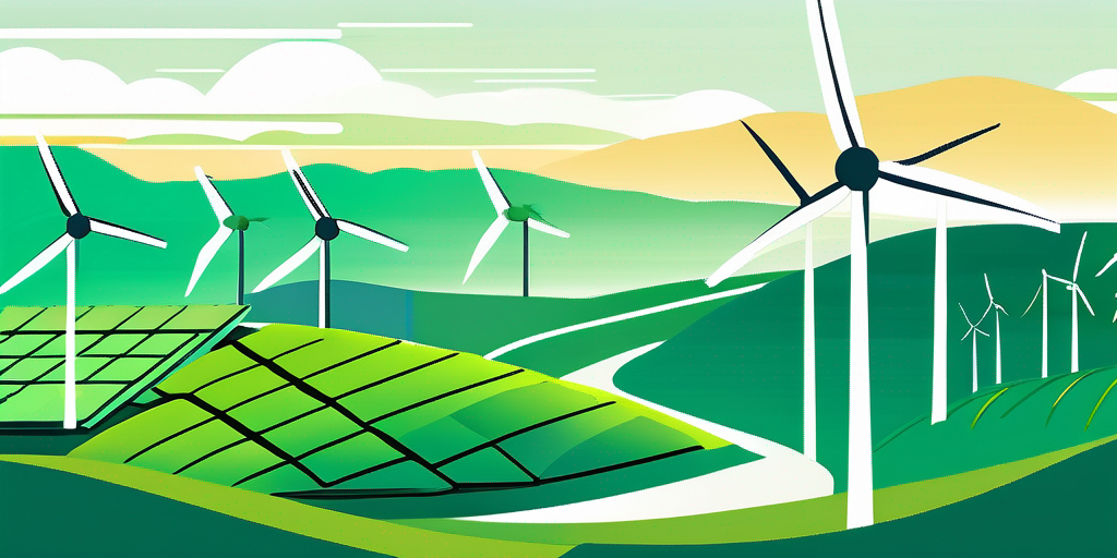 Verschiedene erneuerbare Energiequellen wie Windraeder und Solarmodule in einer gruenen Landschaft, die die Vielfalt der Energieanbieter symbolisiert.