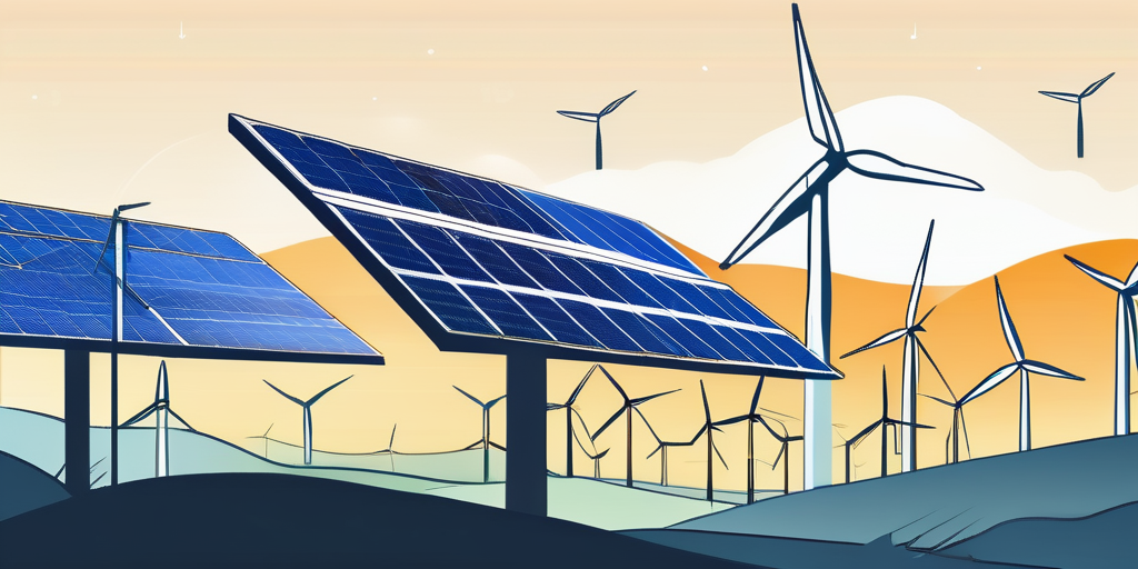 Landschaft mit Solarmodulen und Windturbinen unter klarem Himmel, Symbol fuer nachhaltige Energiequellen, Vergleich von Stromanbietern optimiert.