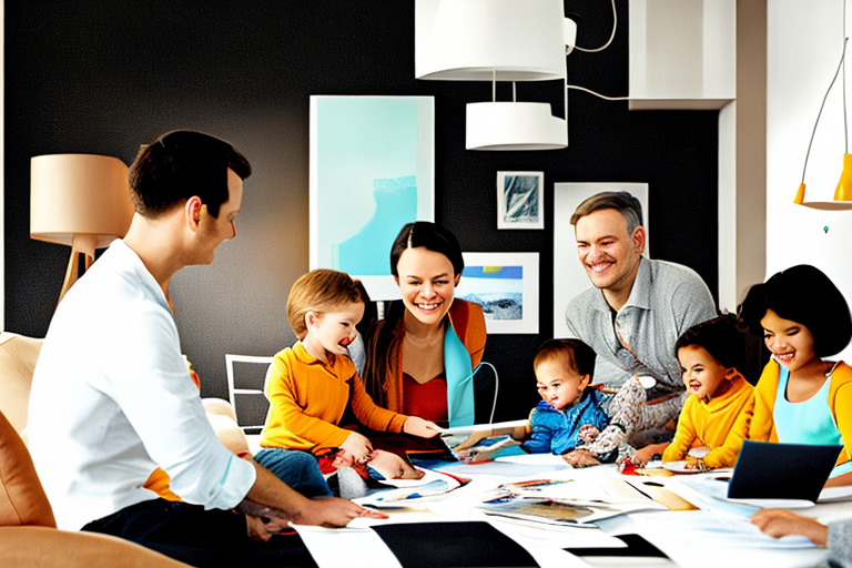 froehliche familie im modernen wohnzimmer, untersucht dokumente neben laptop mit energieanbieter vergleiche, energieeffiziente geraete im hintergrund