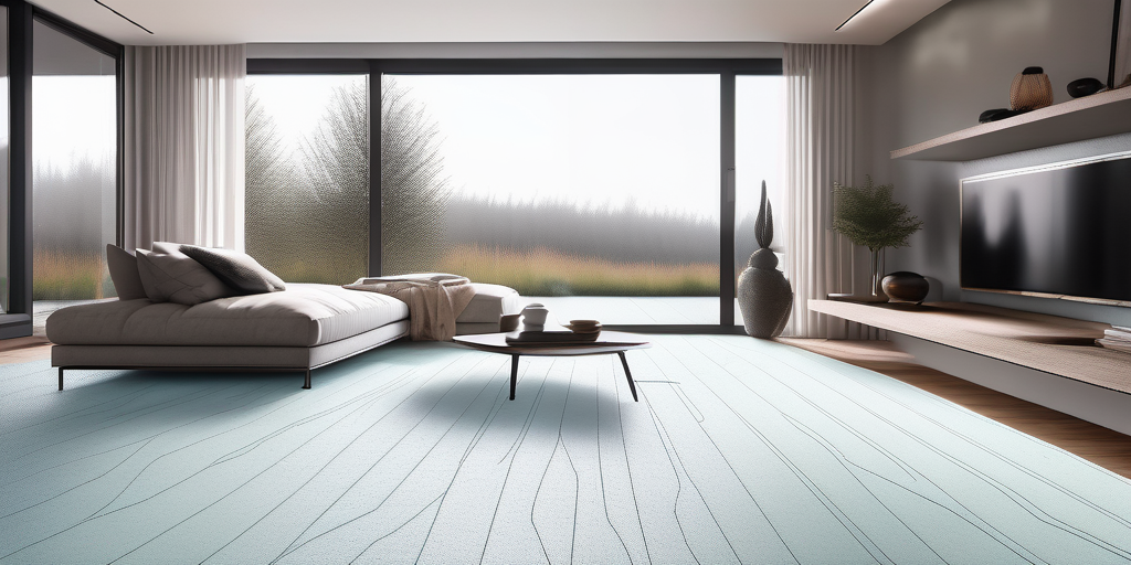 Modernes Wohnzimmer mit Fussbodenheizung und verschiedenen Bodenbelaege, die eine harmonische und aesthetisch ansprechende Inneneinrichtung zeigen, fokussiert auf texturierte Oberflaechen und subtile Farbnuancen.