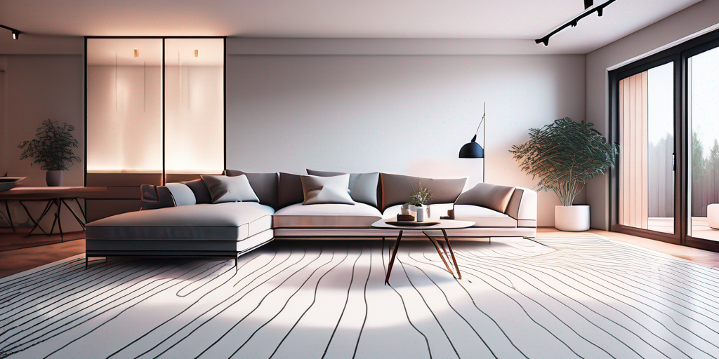 Nahtlose Integration einer Fussbodenheizung in einem modernen Wohnzimmer, betont gemuetliche Atmosphaere und Waerme, mit Fokus auf ebener Bodenflaeche und fortschrittlicher Temperaturregelungstechnologie.