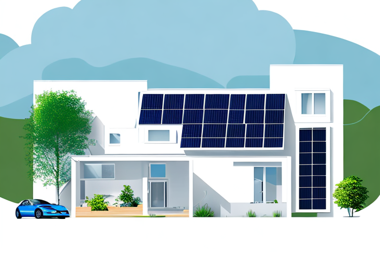 Modernes Haus mit Solarpanels auf dem Dach, energieeffizienten Geraeten und intelligentem Thermostat fuer nachhaltige Energie.