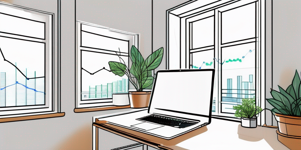 Helles, minimalistisches Home-Office mit Laptop, der Diagramme zeigt, nahe einem sonnigen Fenster, Pflanze im Hintergrund symbolisiert Nachhaltigkeit bei der Wahl eines oekofreundlichen Stromanbieters.
