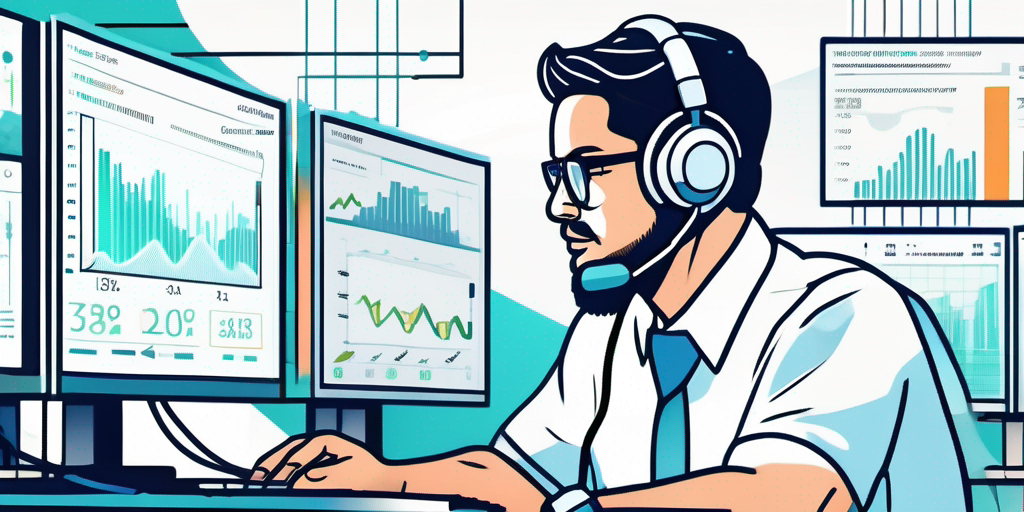 Kundenservice-Mitarbeiter mit Headset symbolisiert Kundenunterstuetzung bei Vergleich von Stromanbietern, im Hintergrund Bildschirme mit Daten und Diagrammen für effizienten Service.