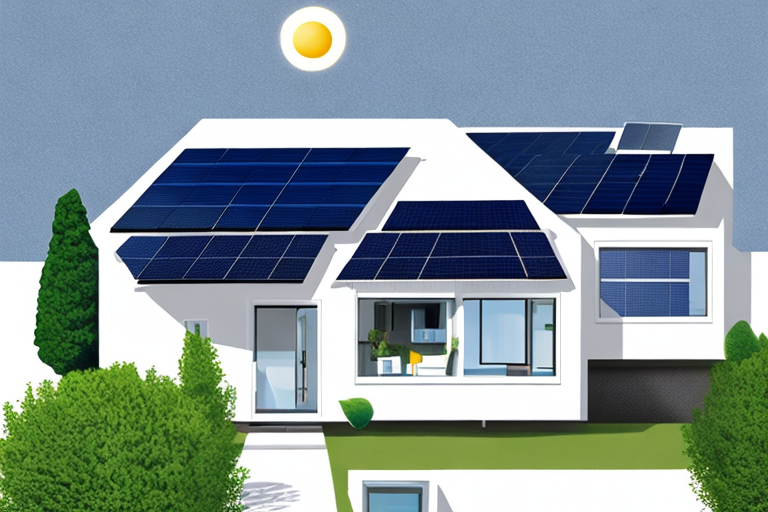 Energieeffizientes Haus mit Solarpanelen auf dem Dach, smarten Thermostaten an den Waenden und energiesparenden Geraeten in der Kueche.