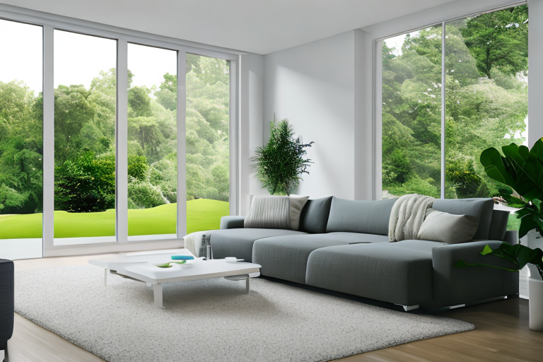 Moderner wohnzimmer mit natuerlichem sonnenlicht, energieeffizienten fenstern, umweltfreundlichen geraeten und smart home geraeten, gruen im hintergrund.