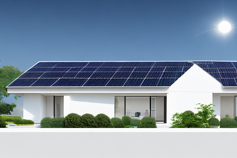 Energieeffizientes modernes Haus mit Solarpaneelen und energiesparenden LED-Lichtern.