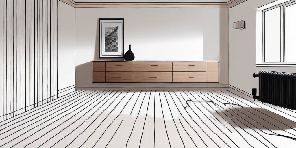 Minimalistisches, modernes Wohninterieur mit Fussbodenheizung und traditionellen Heizkoerpern, betont Platzersparnis und Aesthetik.