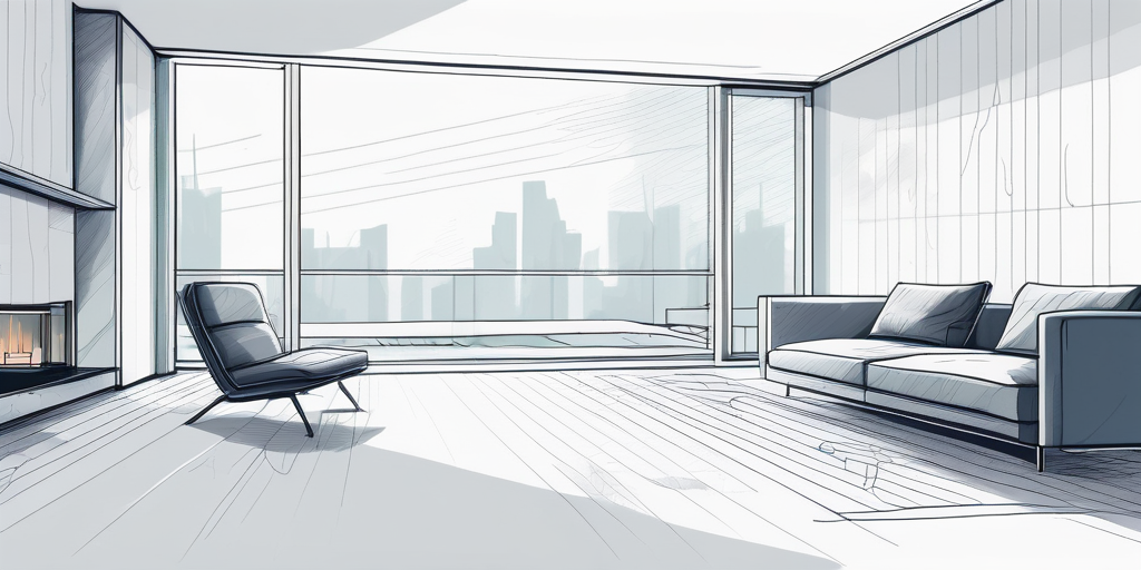 Modernes Interieur mit minimalistischem Design und sichtbarer Fussbodenheizung, ergaenzt durch fortschrittliche Thermostatsteuerungen zur Betonung der Energieeffizienz.