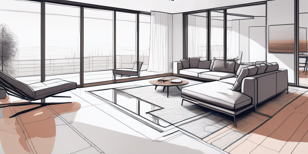 Moderne Wohnzimmer mit herausgenommenen Bodensektionen zur Darstellung des modernen Fussbodenheizungssystems inklusive Werkzeugen und Diagrammen fuer Heizeffizienz-Optimierung.