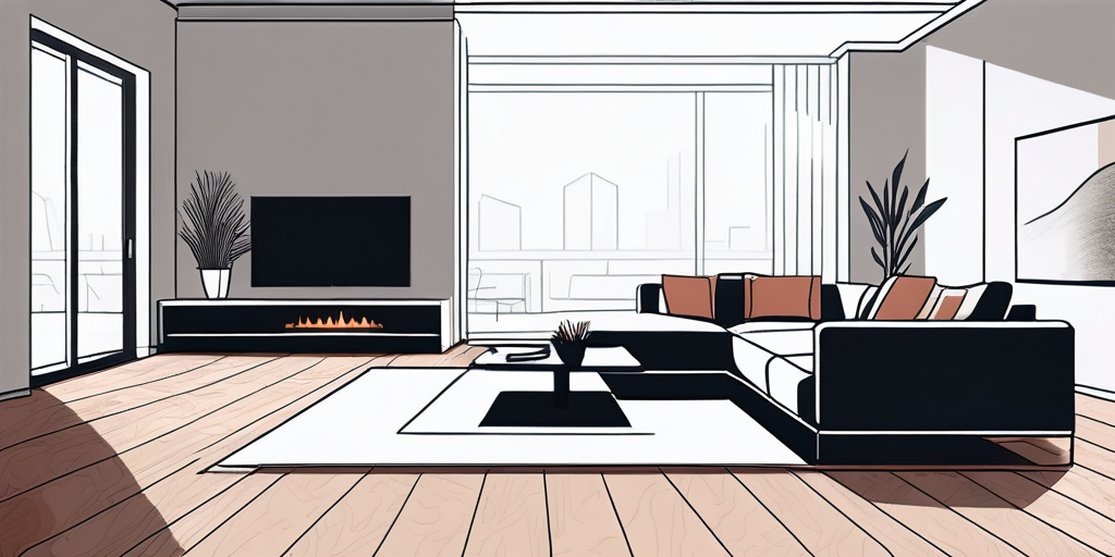 Moderne Wohnzimmer mit glattem Holzboden, der das unsichtbare Vorhandensein von Fussbodenheizungen betont, welche Komfort erhoehen, ohne die Aesthetik zu beeintraechtigen.
