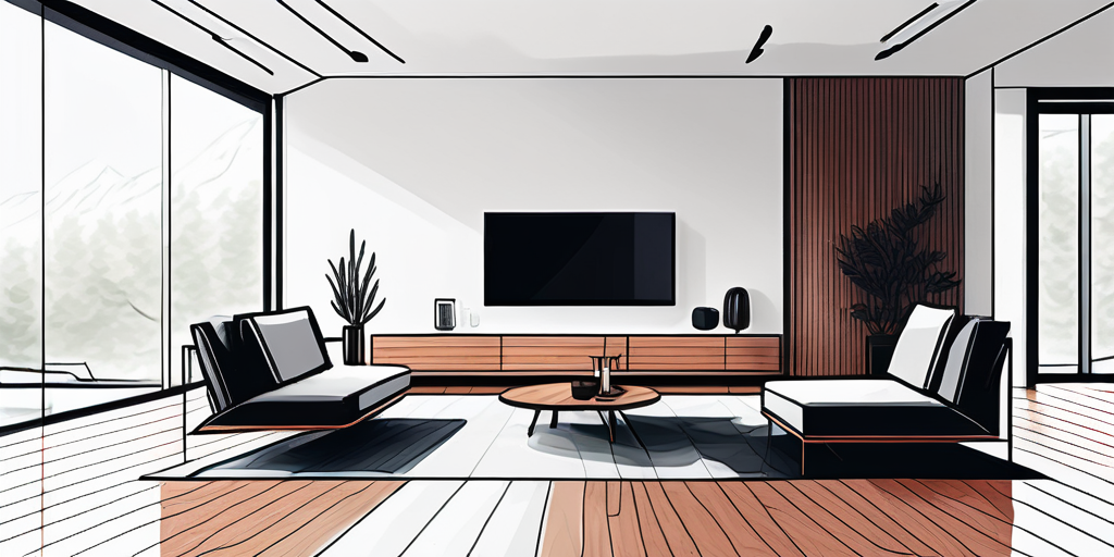 Modernes Wohnzimmer mit unsichtbarer Bodenheizung und poliertem Holzboden, betont Wärme und Technologie.