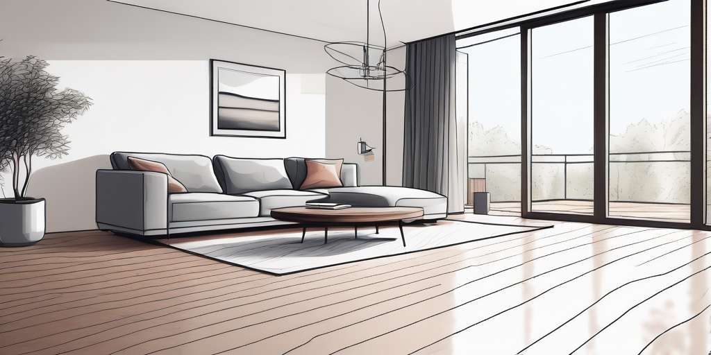 Moderner Wohnraum mit elegantem Holzboden, energieeffizient und komfortabel mit unsichtbarer Fussbodenheizung und minimalistischen Moebeln.