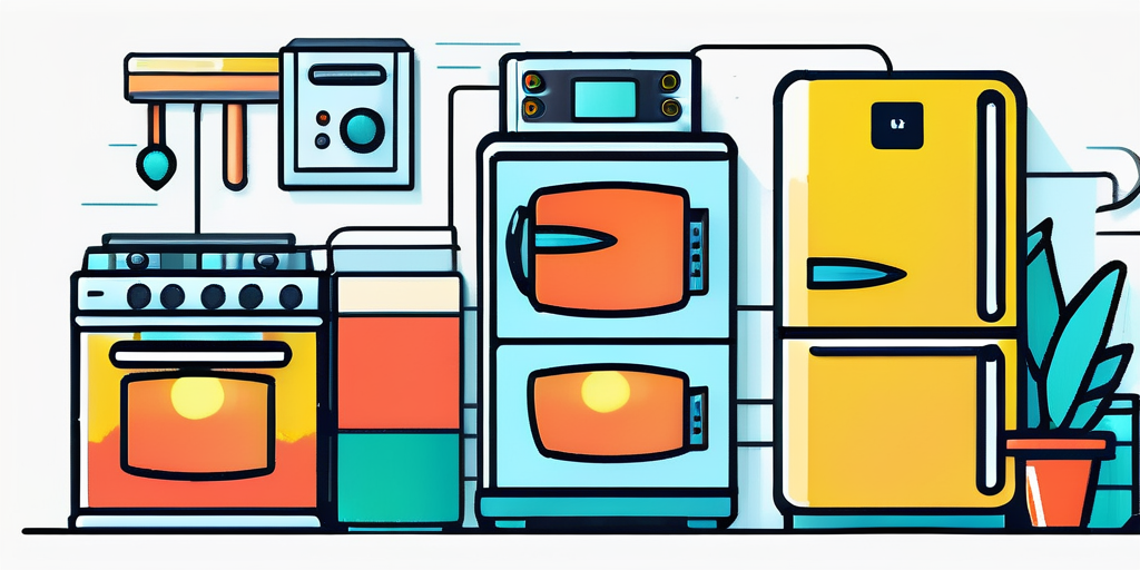 Moderne, energieeffiziente Geraete und Werkzeuge mit hellen Farben, die stromsparende und umweltfreundliche Elektrizitaetsangebote symbolisieren.