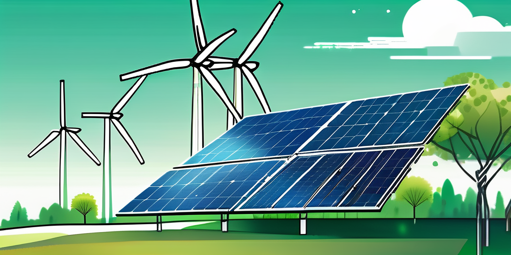 Kosteneffektive Energieloesung mit Solarpanelen und Windturbinen unter hellem Himmel, umgeben von gruenem Laub, steht fuer Schritte zur nachhaltigen Energiekostensenkung.