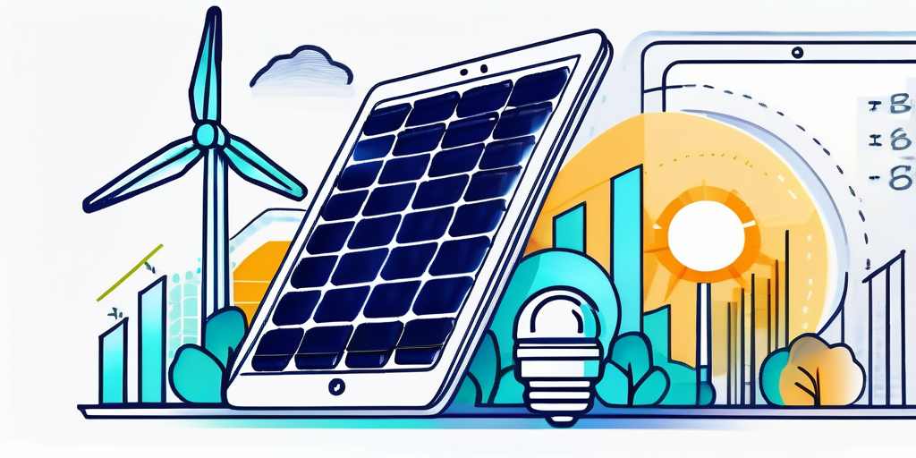 Sammlung von energiesparenden Gluehbirnen und Solarpanels mit modernem Tablet, das Diagramme und finanzielle Einsparungen zeigt, als Symbol fuer nachhaltige Stromoptionen.