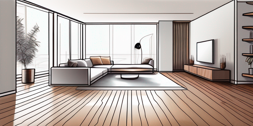 Modernes, aufgeraeumtes Wohnzimmer mit glatten Holzboeden, betont unsichtbare Fussbodenheizung fuer Allergiker und strahlt Waerme sowie Einfachheit aus.