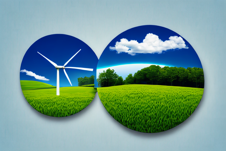 sauberes energie logo vor blauem himmel und gruenen feldern, zeigt uebergang zu nachhaltigen energien, diagramm vergleicht energietarife hinsichtlich kosten und umweltfreundlichkeit