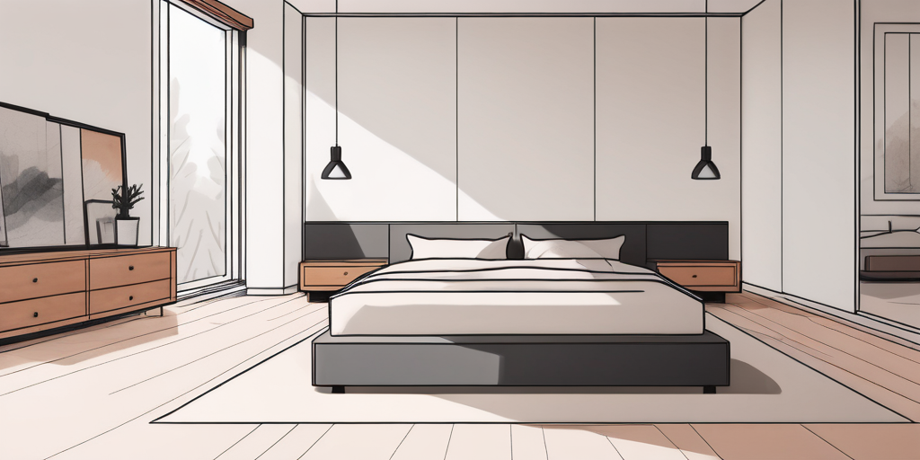 Gemuetliches, minimalistisches Schlafzimmer mit modernem Boden, der indirekt eine Fussbodenheizung andeutet, bietet eine warme, komfortable Umgebung fuer erholsamen Schlaf.