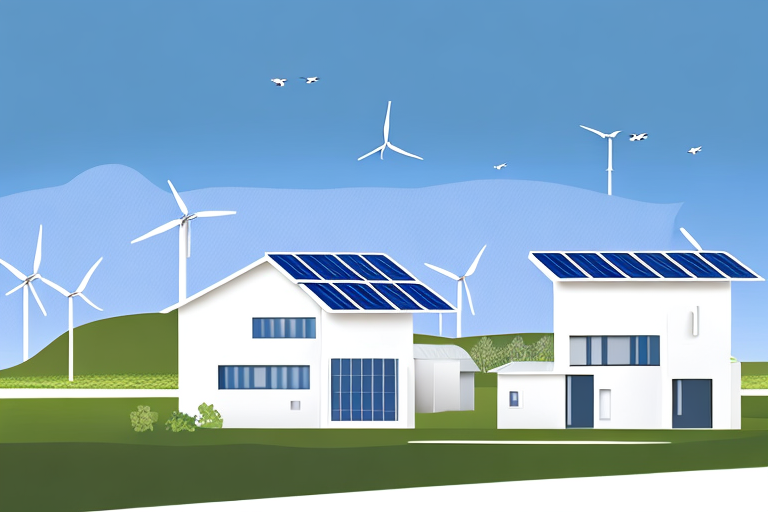 Energieeffizientes Haus mit Solarpanelen, Windturbinen und smarten Technologien im Innenraum.
