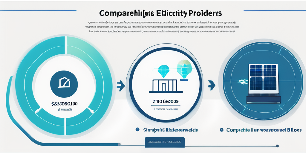 Infografik zum Vergleichen von Stromanbietern mit klaren Schritten, Effizienz und Uebersichtlichkeit, inklusive abstrakter Symbole und Diagramme.