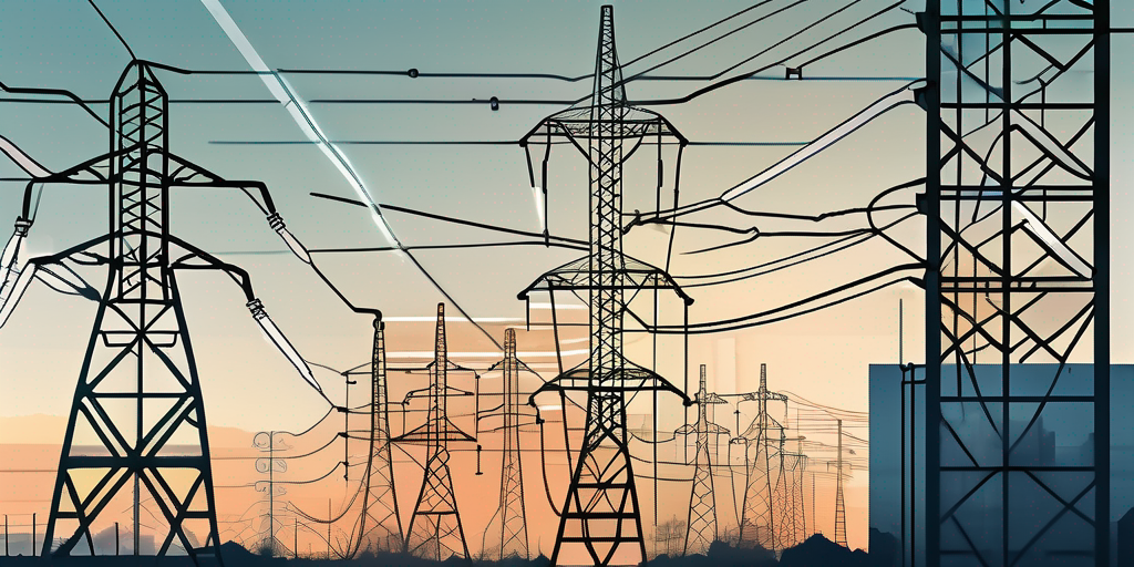 Moderne Elektrokraftwerk-Anlage mit digitalen Grafiken zu Strompreisen und Regulierungsfaktoren, die die Komplexitaet der Strompreisgestaltung hervorheben.