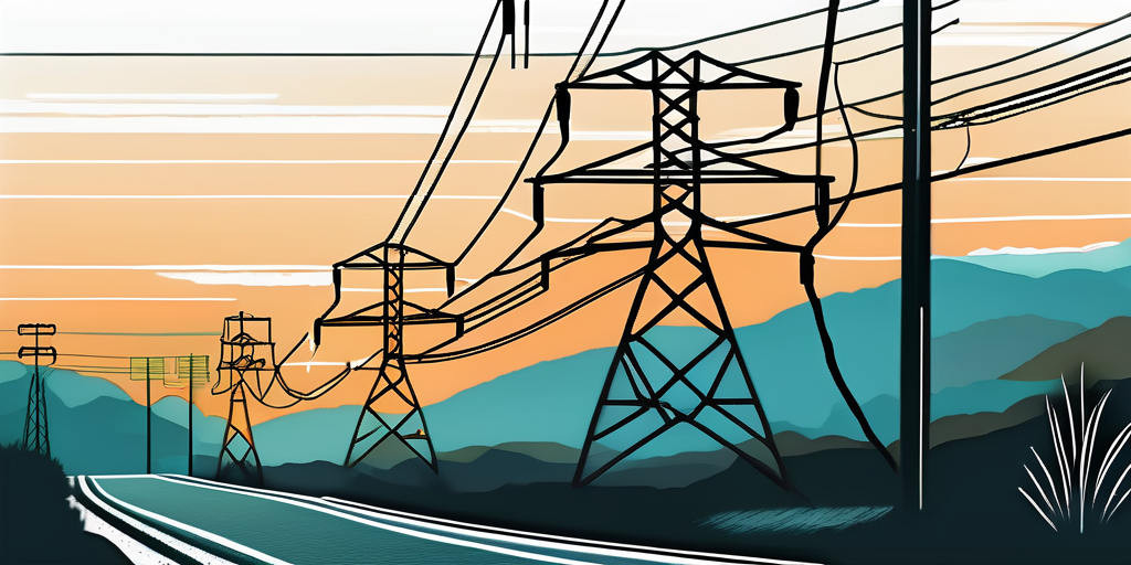 Stromleitungen vor malerischer Landschaft, Darstellung regionaler Energieversorgungsunterschiede mit Symbolen fuer Tarife.
