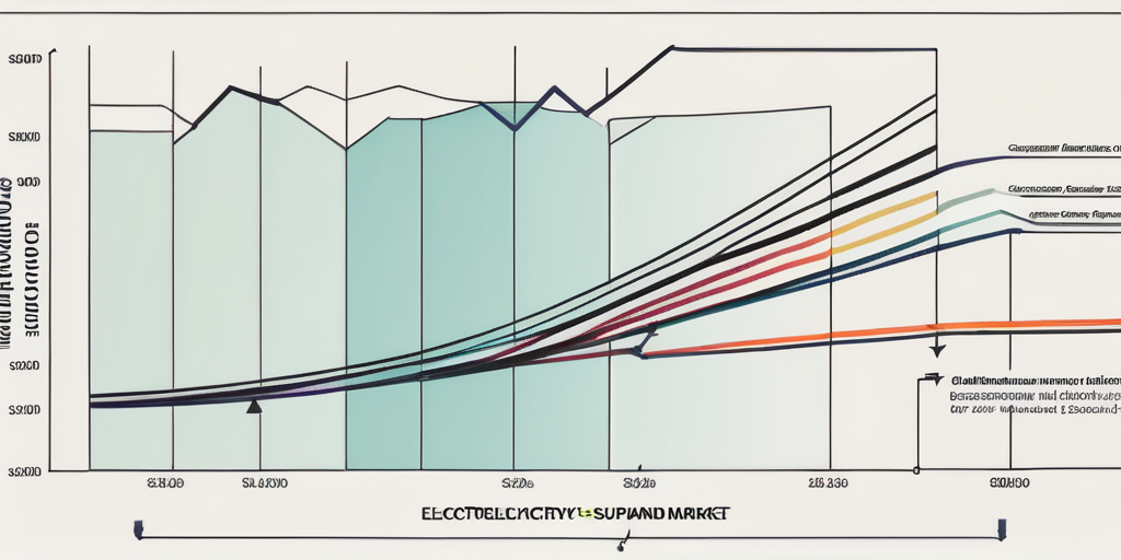 Strommarkt-Analyse mit farbkodierten Diagrammen und vereinfachten Charts, die das Zusammenspiel von Angebot und Nachfrage und dessen Einfluss auf die Strompreisdynamik darstellen.