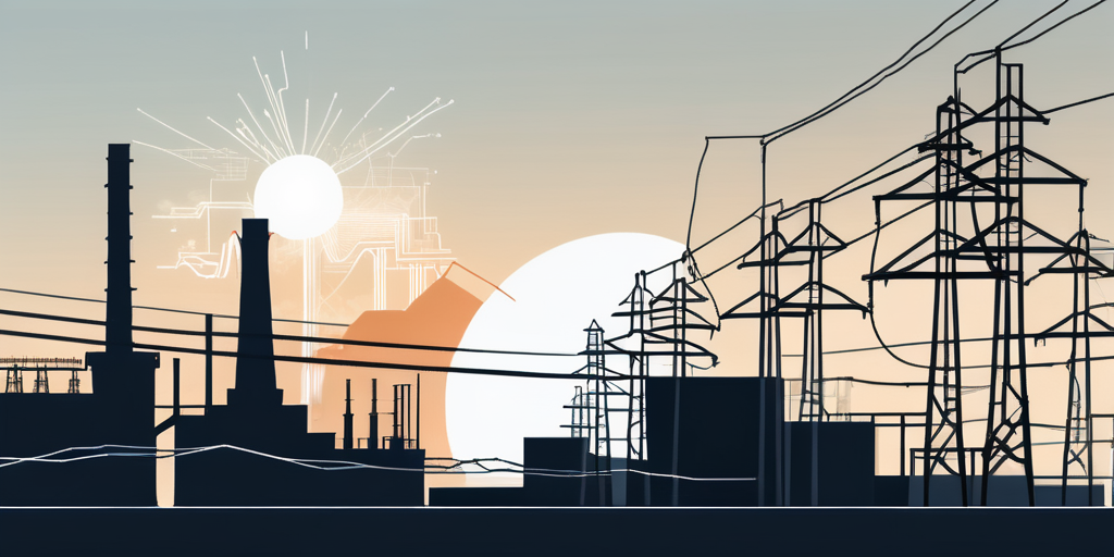 Aufwaertstrends bei Diagrammen und Grafiken vor Industrie-Silhouetten, symbolisieren steigende Strompreise und wichtige Branchentrends.