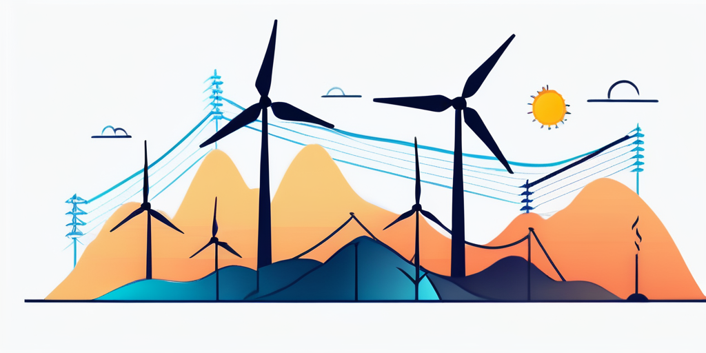 Dynamisches Diagramm zur Darstellung von Strompreisschwankungen ueber die Zeit mit Symbolen fuer erneuerbare Energien wie Windraeder und Solaranlagen.