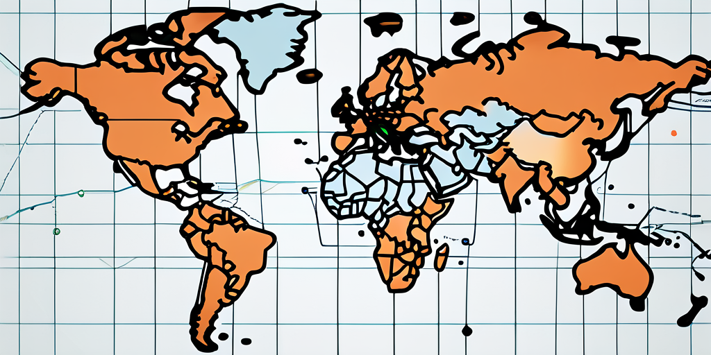Strompreis-Schwankungen auf einer Weltkarte mit Pfeilen nach oben und unten in verschiedenen Farben zur Darstellung geopolitischer Einfluesse, ergaenzt durch interaktive Diagramme und Infografiken zur vergleichenden Analyse.