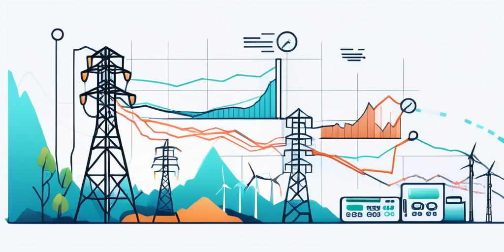 Grafik zur Darstellung der Strompreistrends ueber die Zeit mit Highlights zur Integration digitaler Technologien und Icons fuer digitale Trends in der Energiebranche.