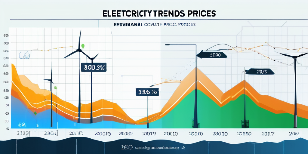 Grafik vergleicht Strompreistrends mit Klimawandelindikatoren ueber Zeitachse vor professionellem Hintergrund, inklusive Darstellung erneuerbarer Energiequellen wie Windturbinen und Solarmodule.