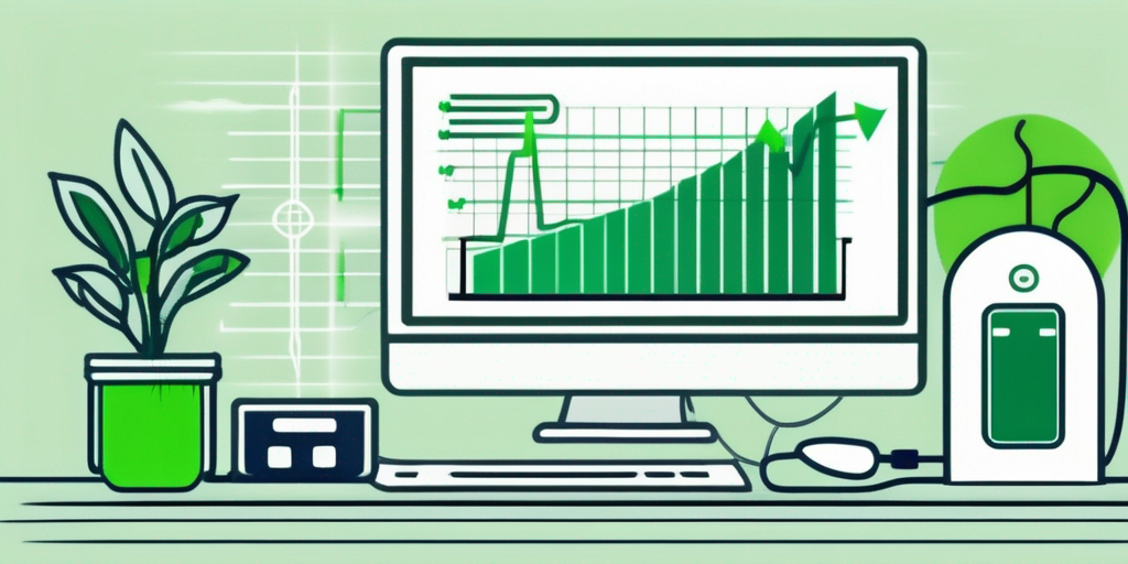 Digitales Geraet zeigt Stromtarife in Grafikform, umgeben von Energiesparsymbolen wie Gluehbirnen und gruenen Blaettern, in einem modernen Buero.