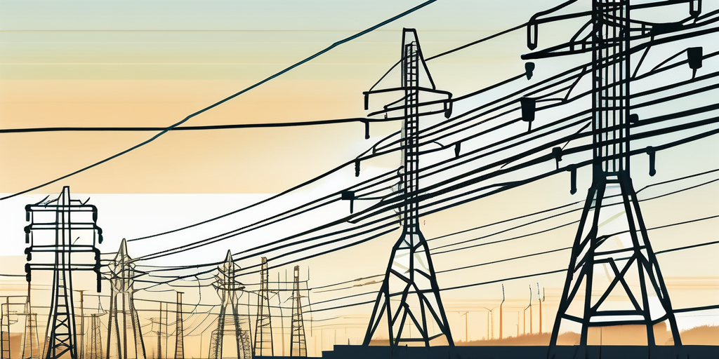 Nahaufnahme moderner elektrischer Infrastruktur unter klarem Himmel mit Stromleitungen und Transformatoren fuer effiziente Energieverteilung