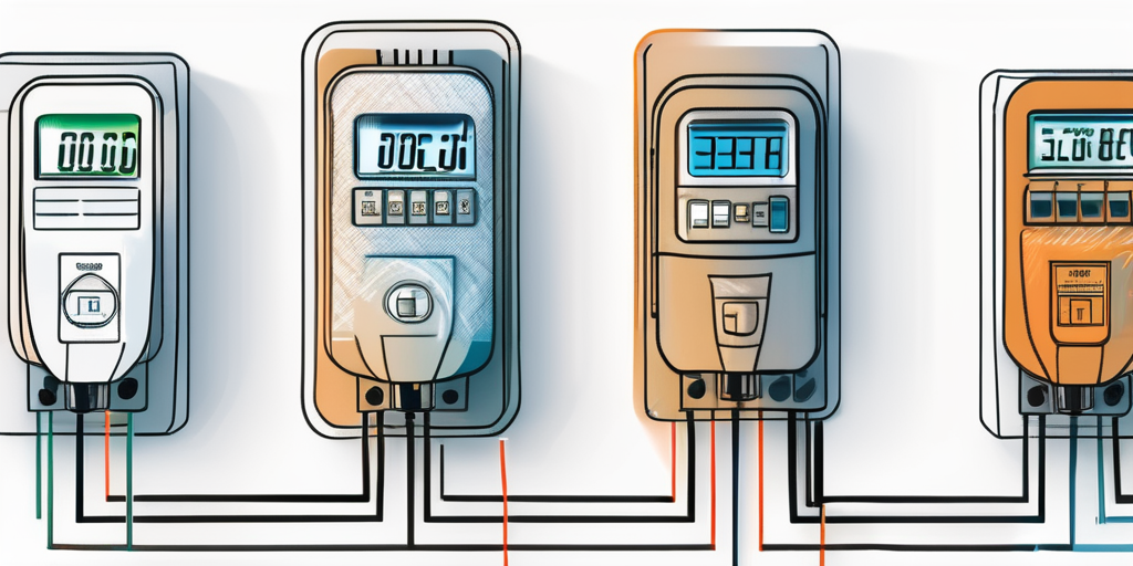 Visuelle Darstellung verschiedener Stromzaehler mit unterschiedlichen Designs und einem Diagramm, das moegliche Energiekosteneinsparungen zeigt.