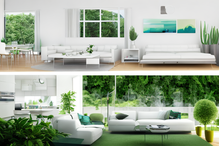 Energieeffiziente Haushaltsgeraete, intelligente Thermostate, LED-Beleuchtung und Solarpaneele in modernem Zuhause betonen nachhaltiges Leben.