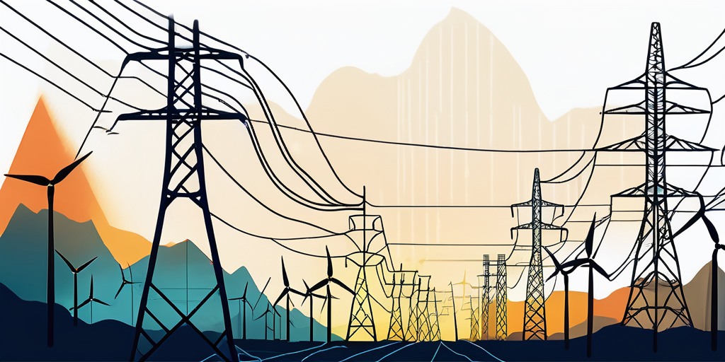 Grafiken und Diagramme zu Strompreistrends vor einem Hintergrund aus Stromnetzen und erneuerbaren Energiequellen, die die Dynamik der Energiekosten darstellen.
